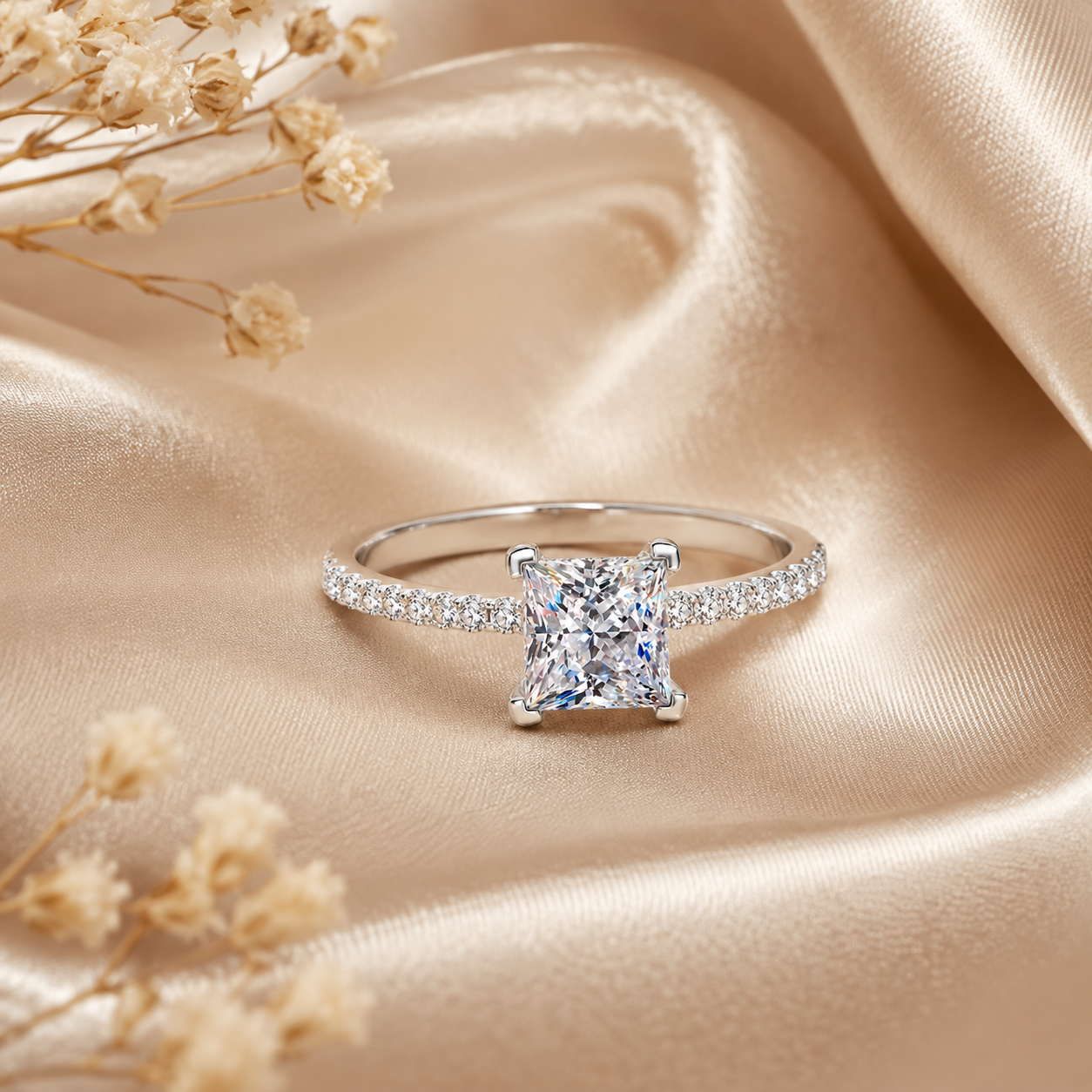 Anel Moissanite Corte Princesa 