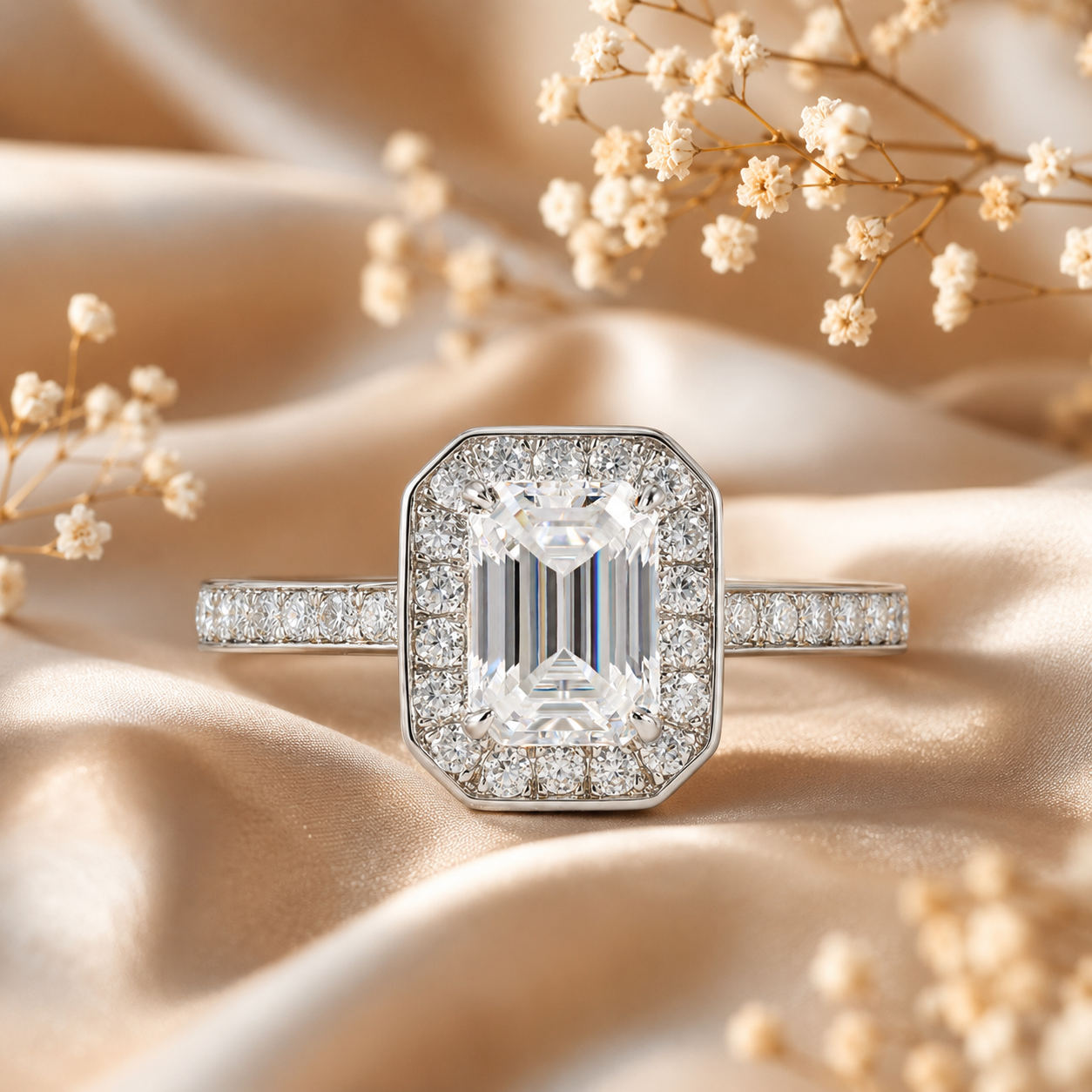 Emerald Halo Moissanite Engagement Ring