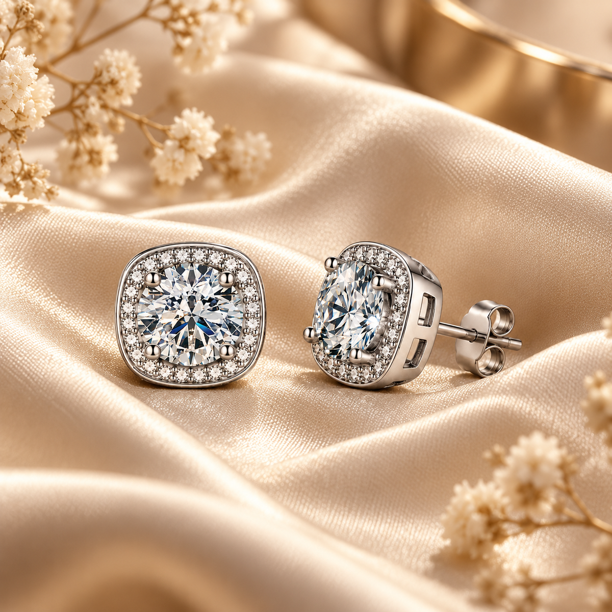 Silver cushion halo colourless moissanite stud earrings displayed on champagne satin with dried flowers