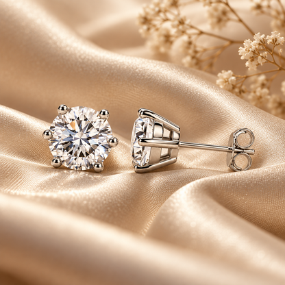 White gold six-prong colourless moissanite stud earrings shown front and side