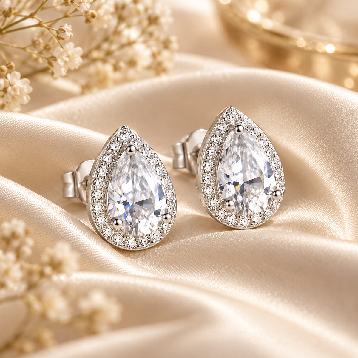 Silver pear-cut halo moissanite stud earrings displayed on champagne satin with flowers