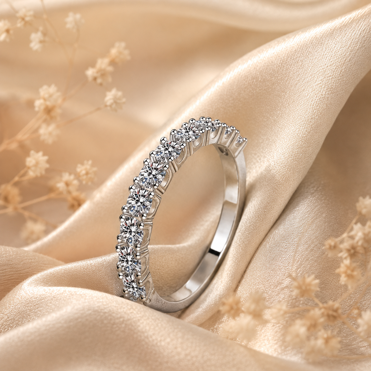 Aliança de casamento de anel de meia eternidade de moissanite com corte brilhante redondo de 3 mm