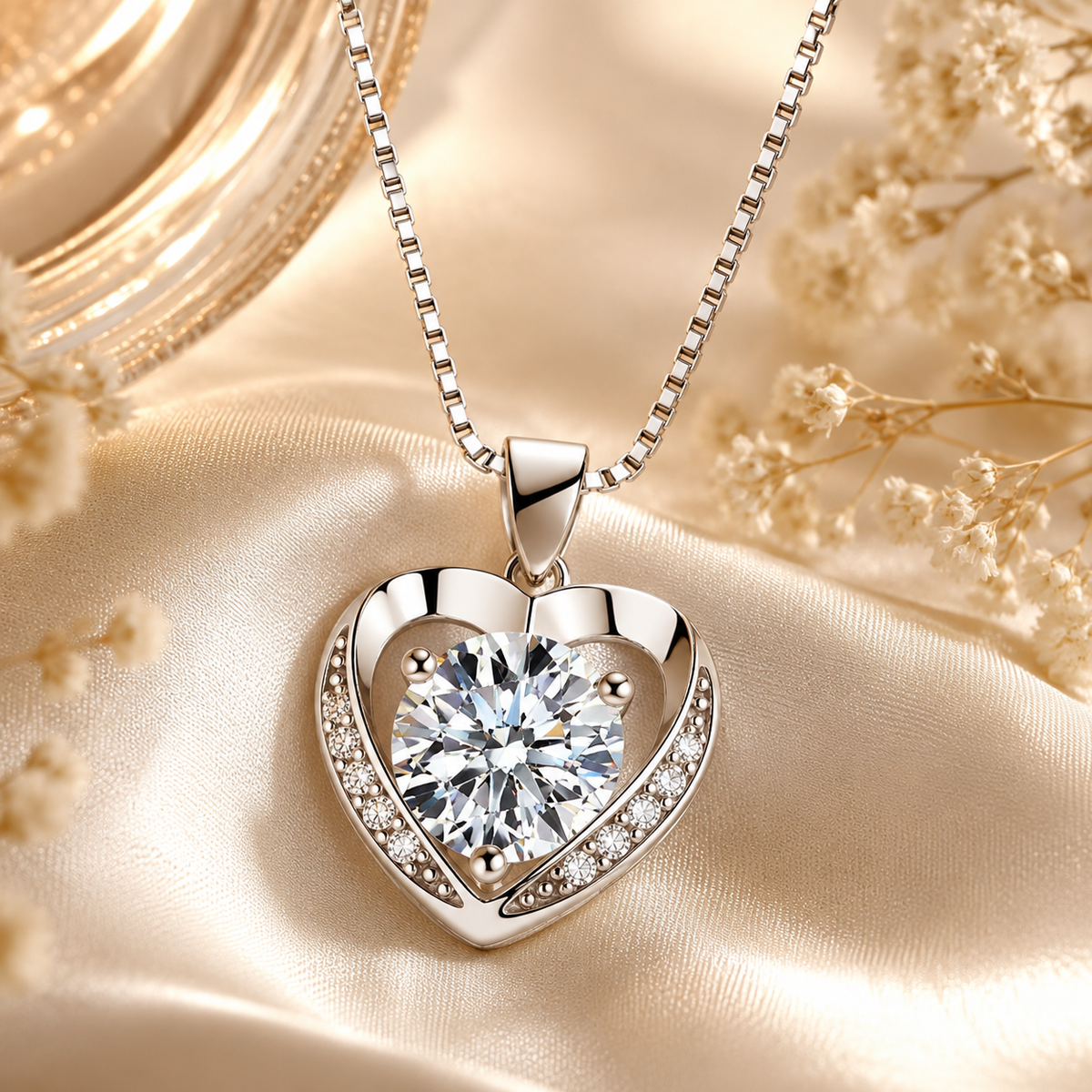 Silver shimmering heart moissanite pendant necklace displayed on champagne satin.