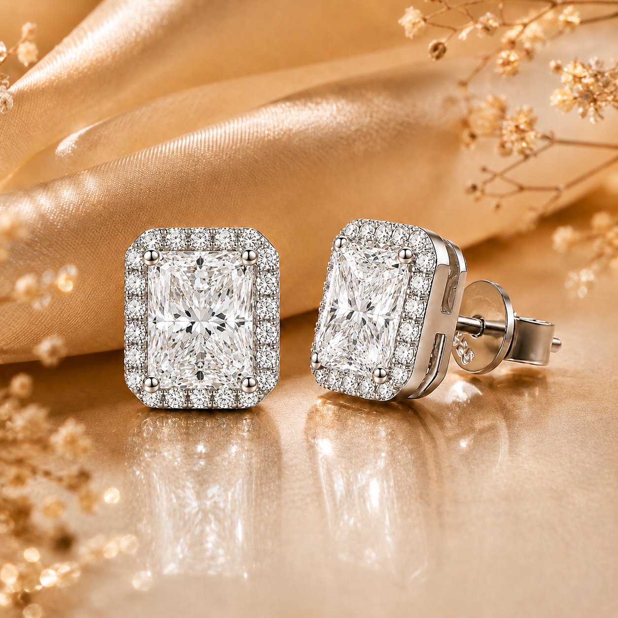 Radiant Cut Halo Moissanite Stud Earrings