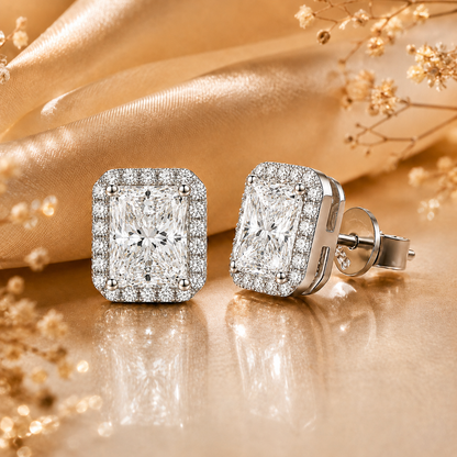 Radiant Cut Halo Moissanite Stud Earrings