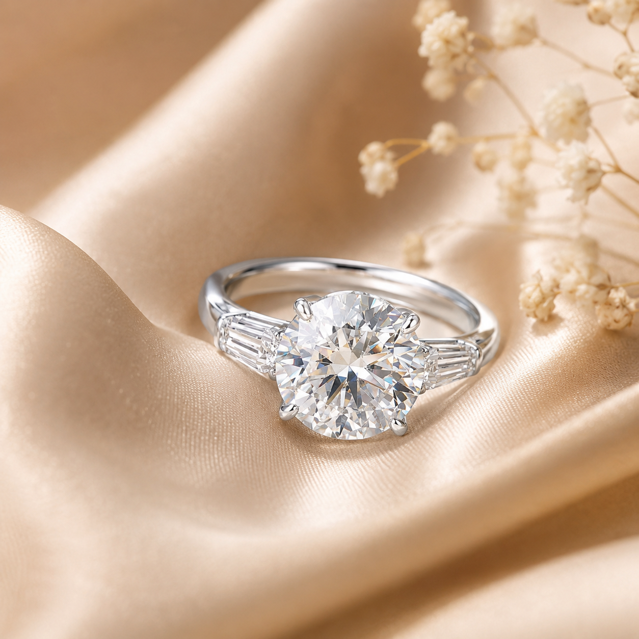 Round Brilliant & Tapered Baguette Moissanite Trilogy Ring