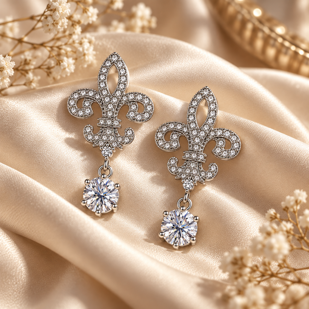 Silver fleur de lis colourless moissanite drop earrings displayed on champagne satin with dried flowers