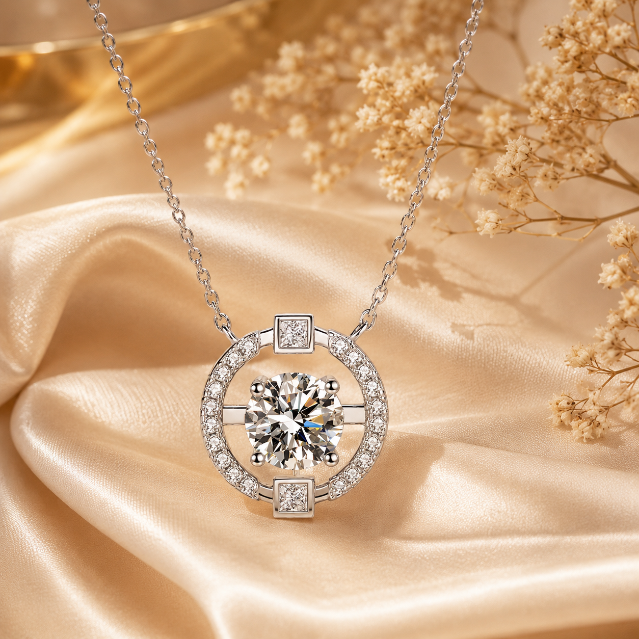 Colar redondo com pingente de moissanite com corte brilhante 