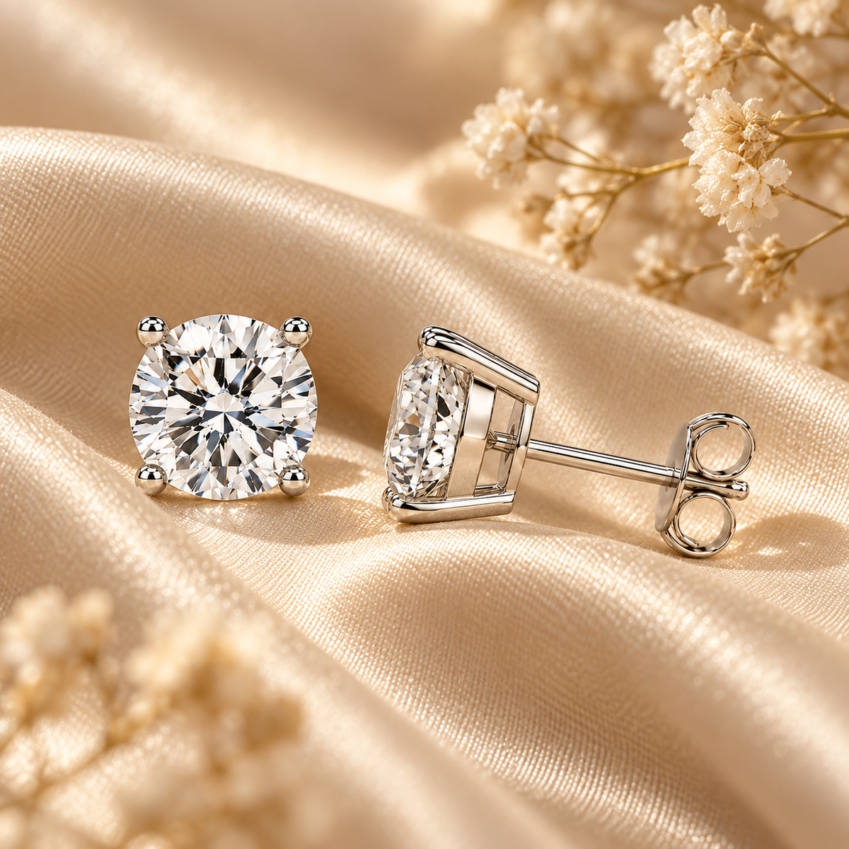 Silver four-prong colourless moissanite stud earrings displayed on champagne satin with dried flowers