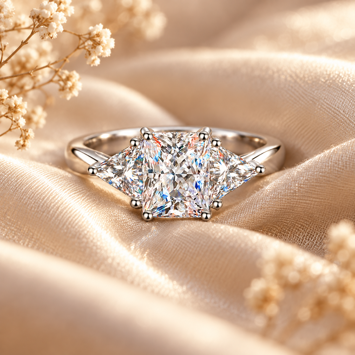 Anillo de trilogía de moissanita de talla radiante y billón de 3 ct 