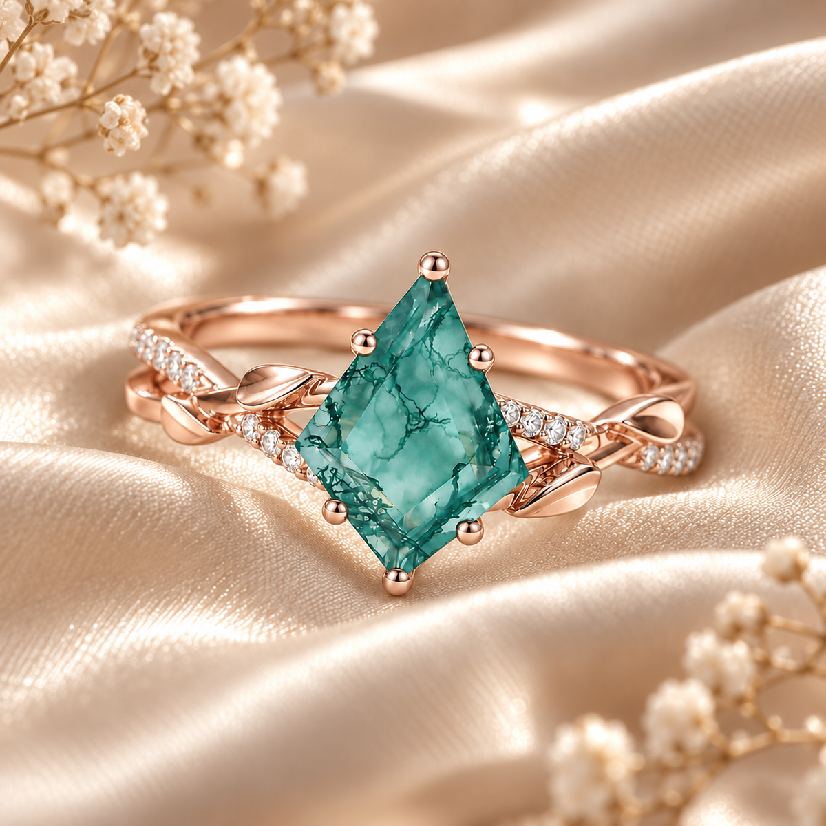 Natural Moss Agate Ring – Kite Cut Nature Inspired Boho Engagement Ring