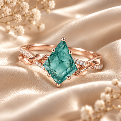 Natural Moss Agate Ring – Kite Cut Nature Inspired Boho Engagement Ring
