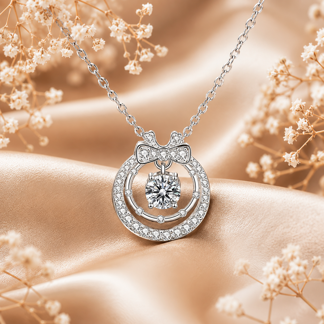 Colar com pingente de laço duplo de círculo duplo de Moissanite ornamentado 