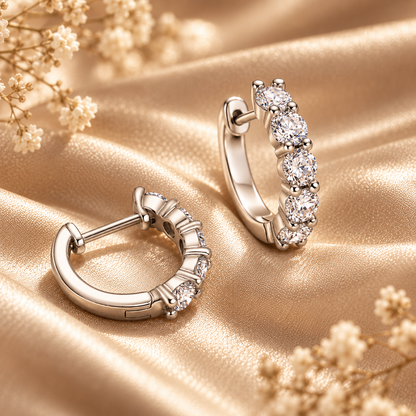 Back and side view of silver five-stone moissanite hoop earrings on champagne satin with flowers