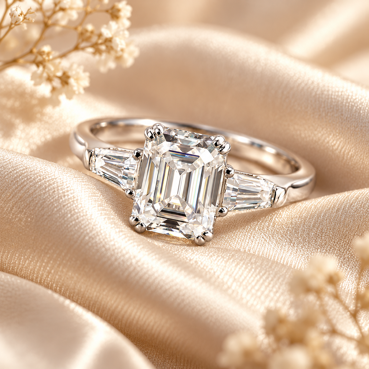 Emerald Cut & Tapered Baguette Moissanite Trilogy Engagement Ring