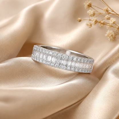 Emerald & Round Brilliant Moissanite Triple-Row Wedding Band