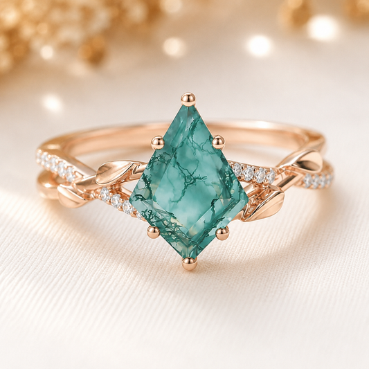 Natural Moss Agate Ring – Kite Cut Nature Inspired Boho Engagement Ring