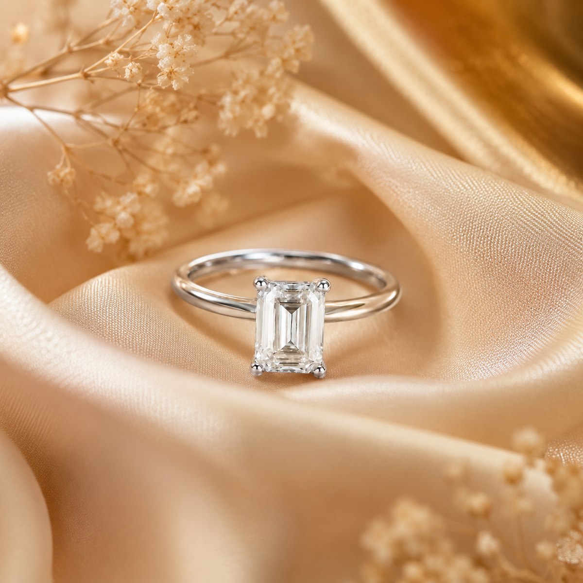 Anillo de compromiso con moissanita y solitario de talla esmeralda 