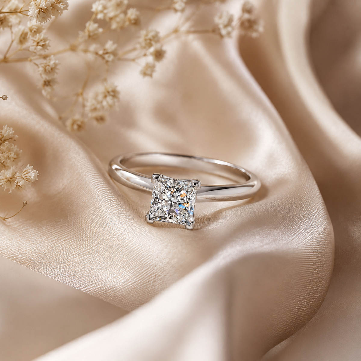 Princess Cut Moissanite Cathedral Solitaire Engagement Ring