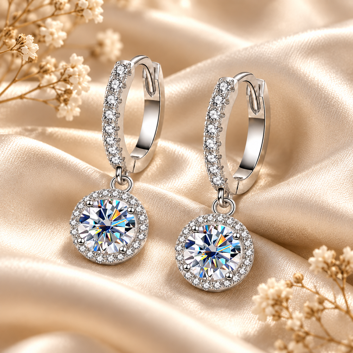 Silver halo colourless moissanite hoop drop earrings displayed on champagne satin with dried flowers