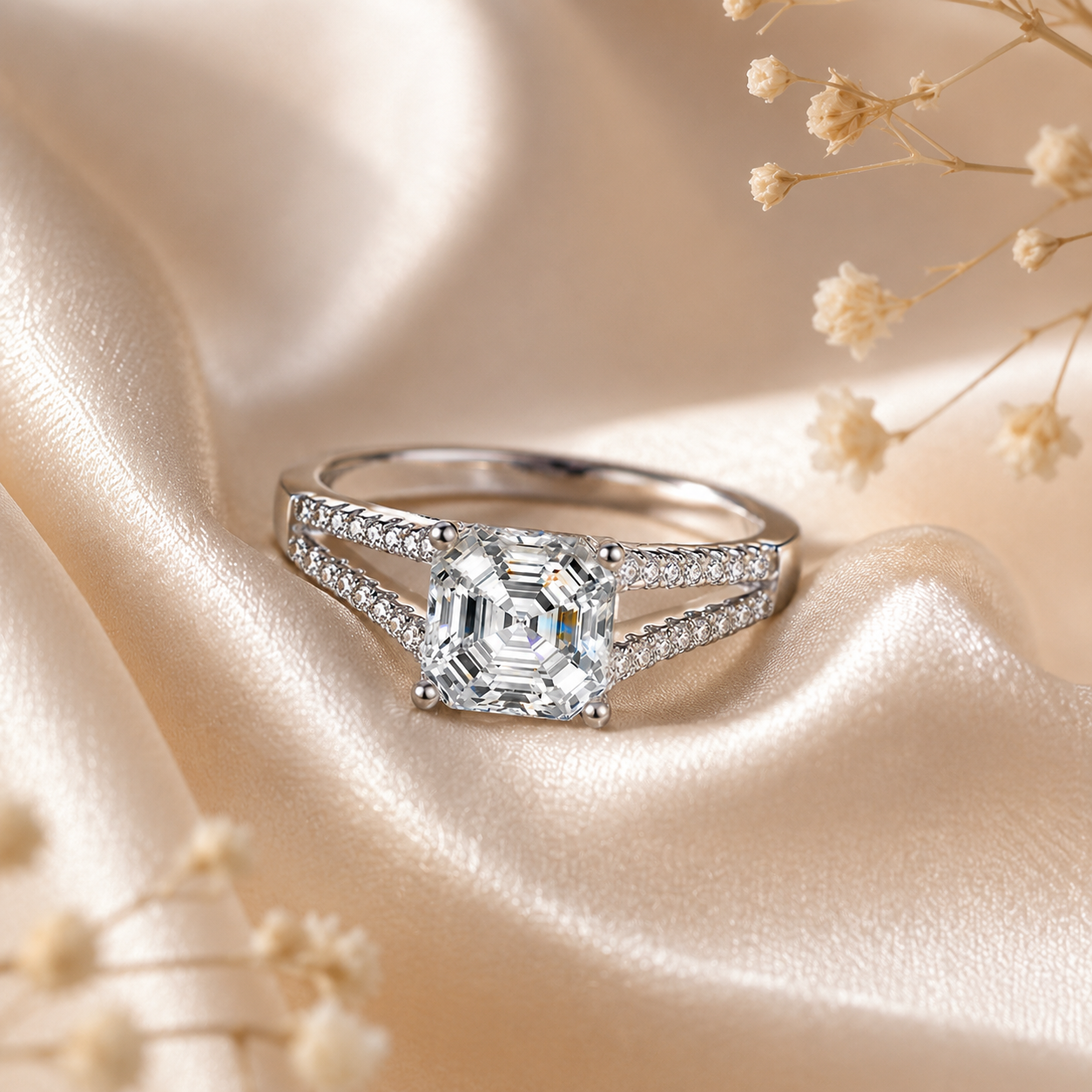 Asscher Cut Moissanite Split-Band Engagement Ring