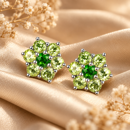 Natural Peridot & Chrome Diopside Floral Cluster Stud Earrings