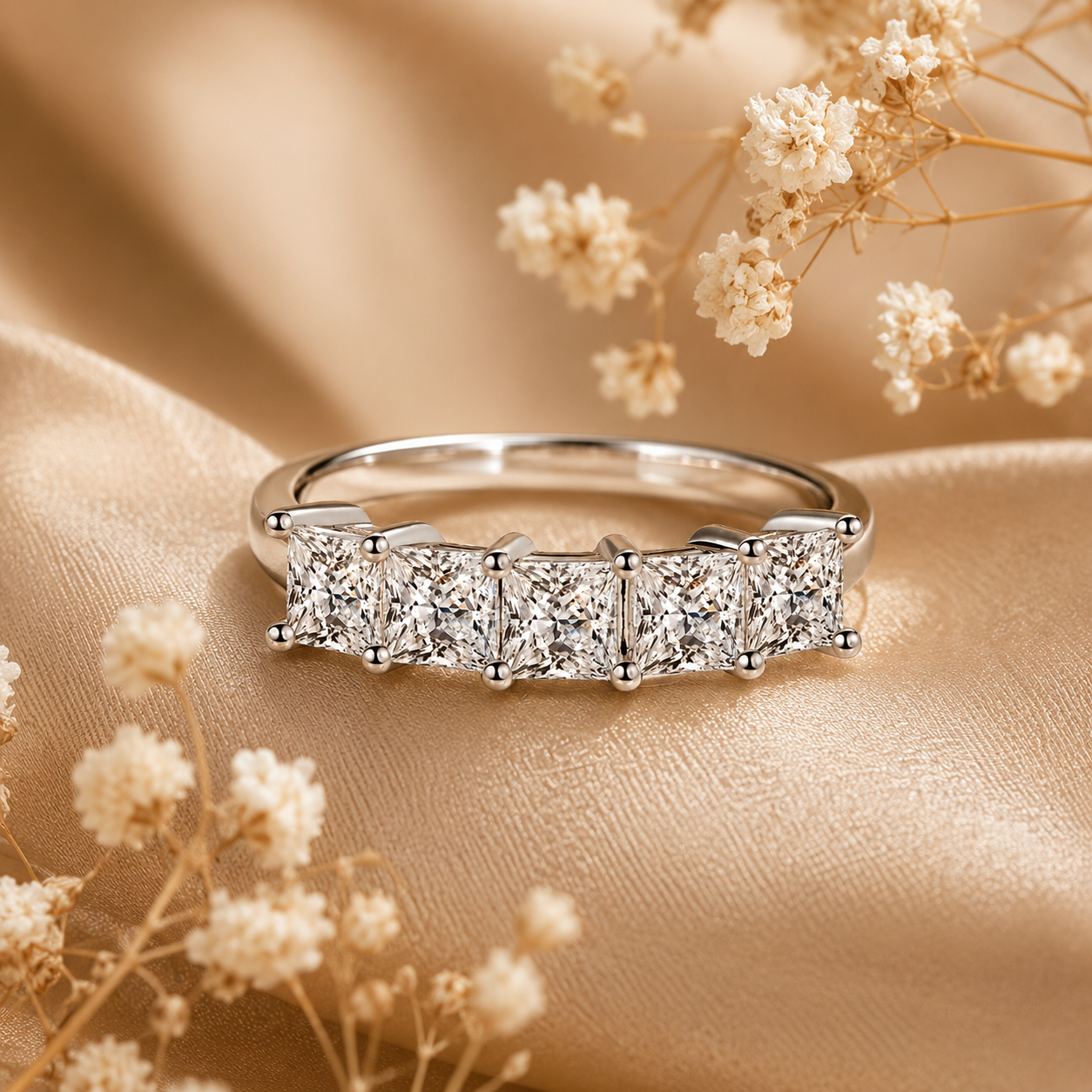 Five Stone Princess Cut Moissanite Anniversary Ring