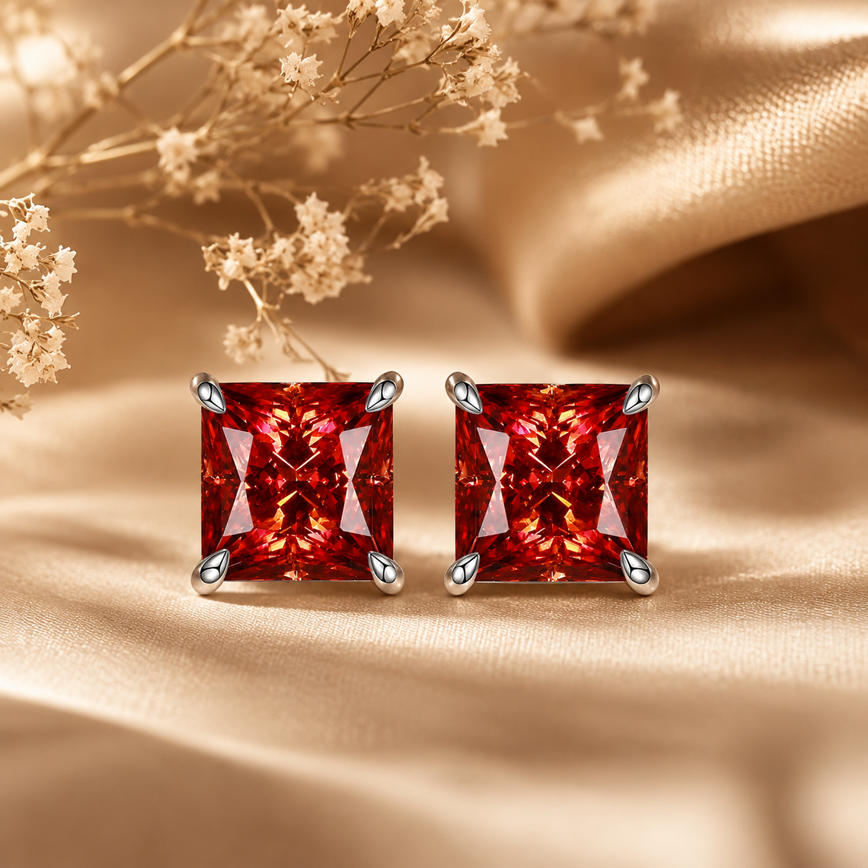 Brincos de moissanite vermelho com corte princesa 