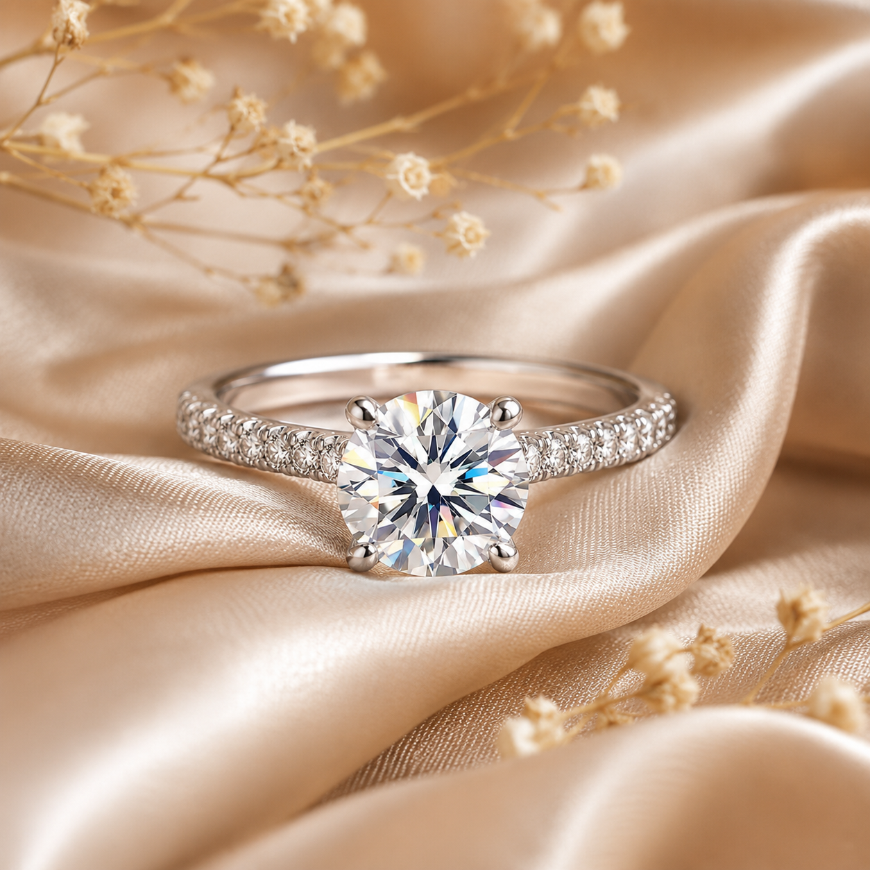 Round Brilliant Moissanite Pavé Solitaire Engagement Ring