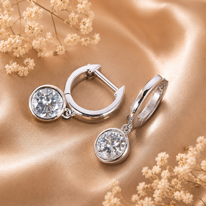 Bezel Drop Moissanite Hoop Earrings