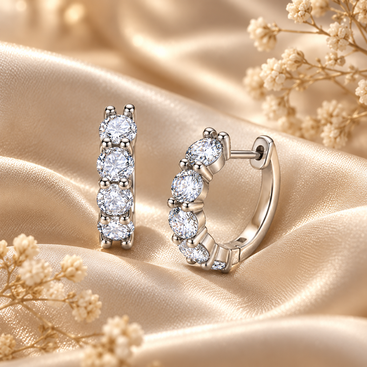 Silver five-stone moissanite hoop earrings displayed on champagne satin with flowers