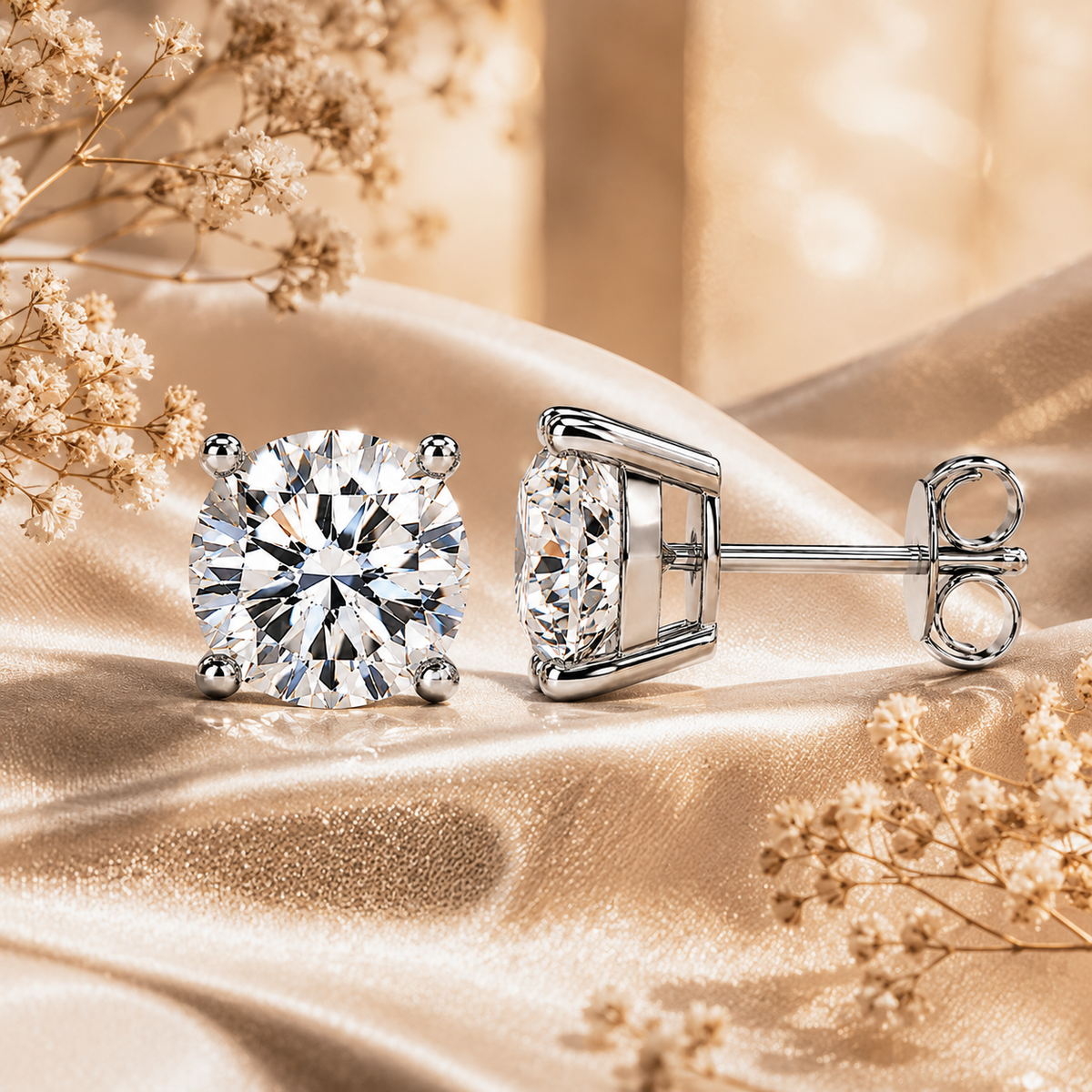 Silver four-prong colourless moissanite stud earrings shown front and side on champagne satin