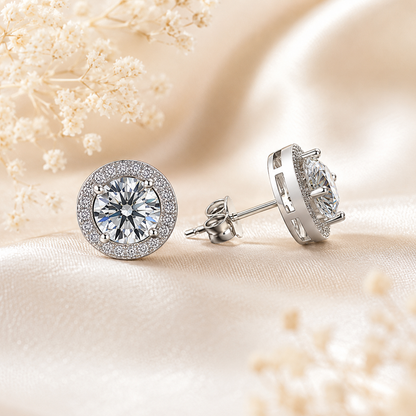 Brincos redondos de corte brilhante Moissanite Halo 