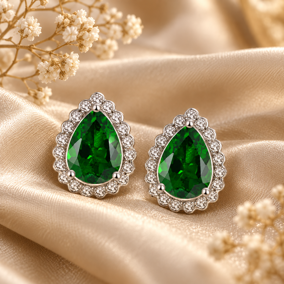 Natural Chrome Diopside & Moissanite Halo Stud Earrings