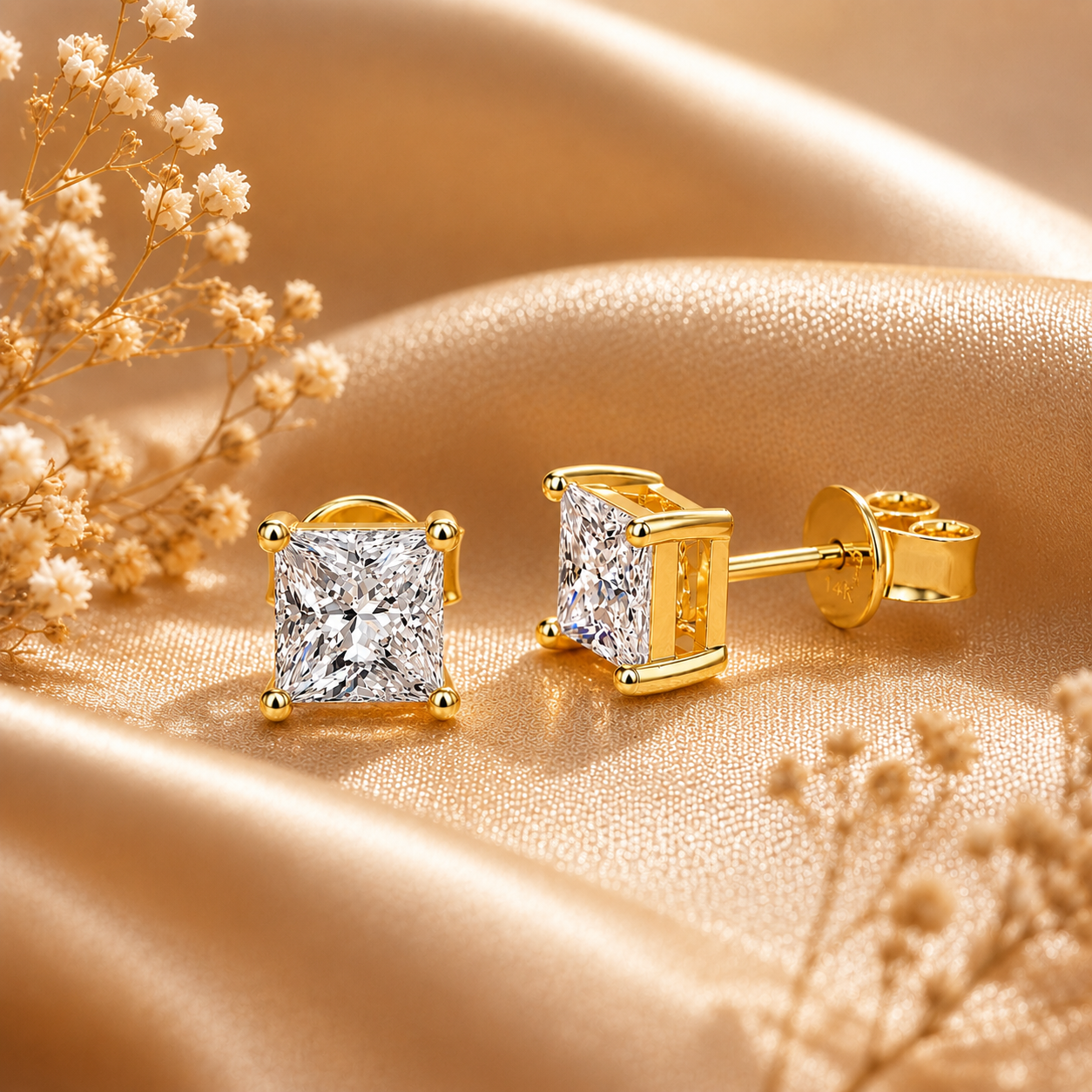 Brincos de moissanite com corte princesa 