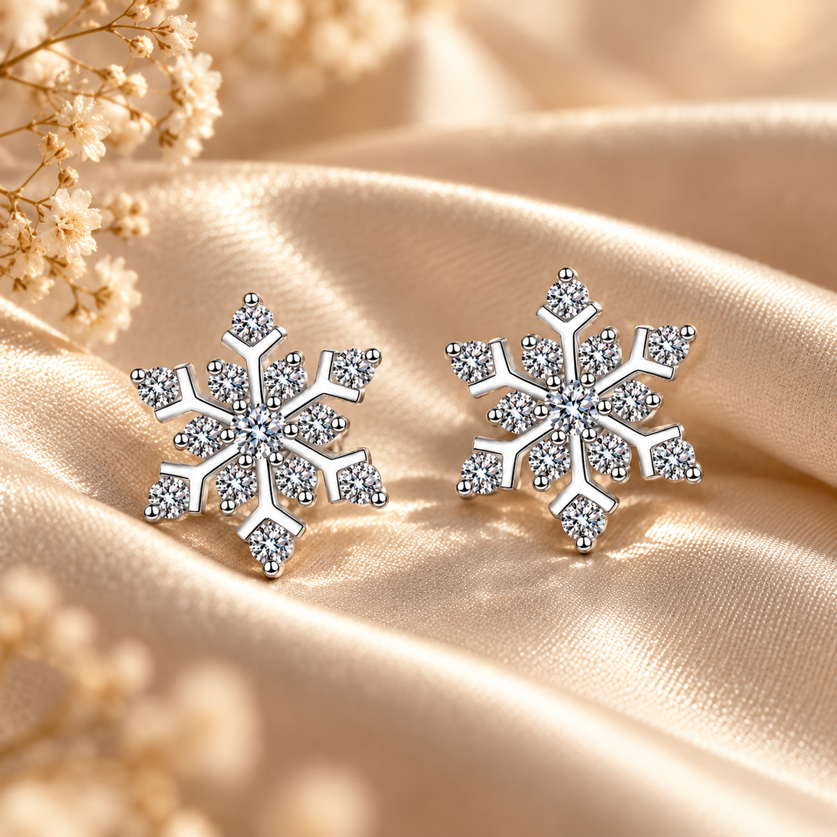 Silver snowflake moissanite stud earrings displayed on champagne satin with flowers