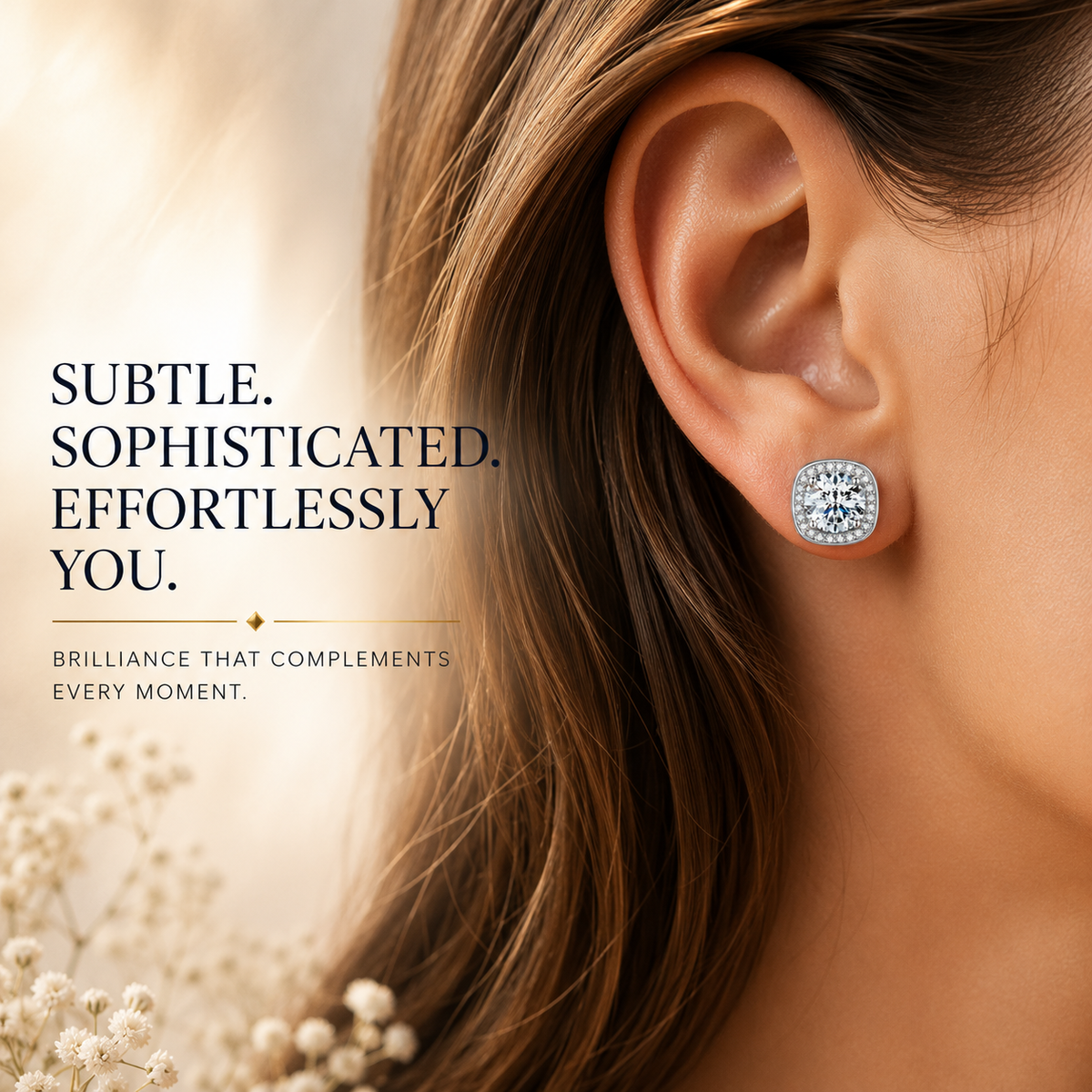 Silver cushion halo colourless moissanite stud earring worn on the ear in a lifestyle graphic
