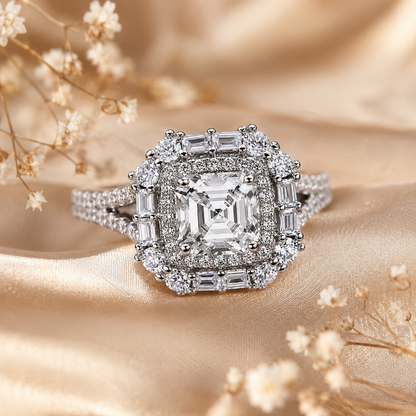 Anel Halo Moissanite Corte Asscher 