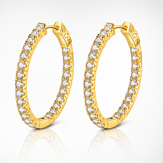 Gold 35mm inside-out colourless moissanite hoop earrings shown on a white background