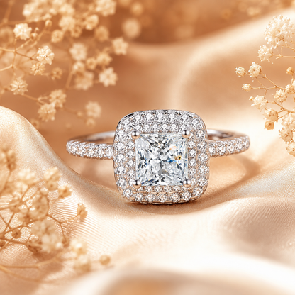 Anel de Halo Duplo Moissanite Corte Princesa 