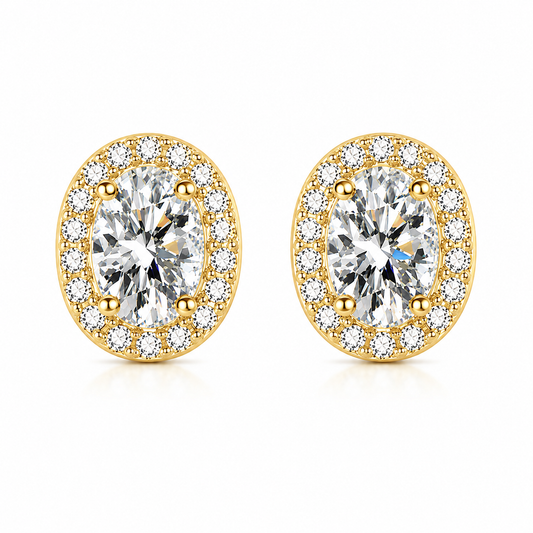Gold oval halo moissanite stud earrings on a white background