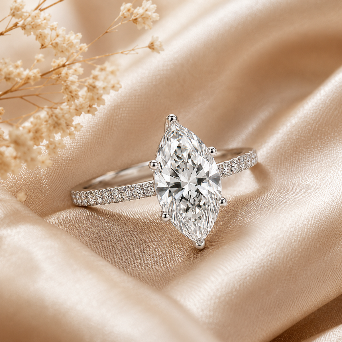 Marquise Cut Moissanite Pavé Solitaire Engagement Ring
