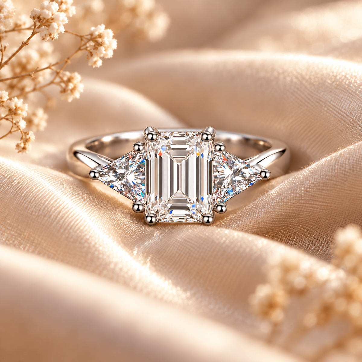 3ct Emerald & Trillion Cut Moissanite Trilogy Engagement Ring