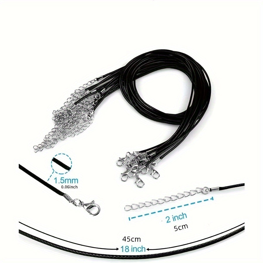 Black necklace cords with silver clasps and extenders, displayed coiled and uncoiled to show dimensions, including 45cm base length and 5cm extender.