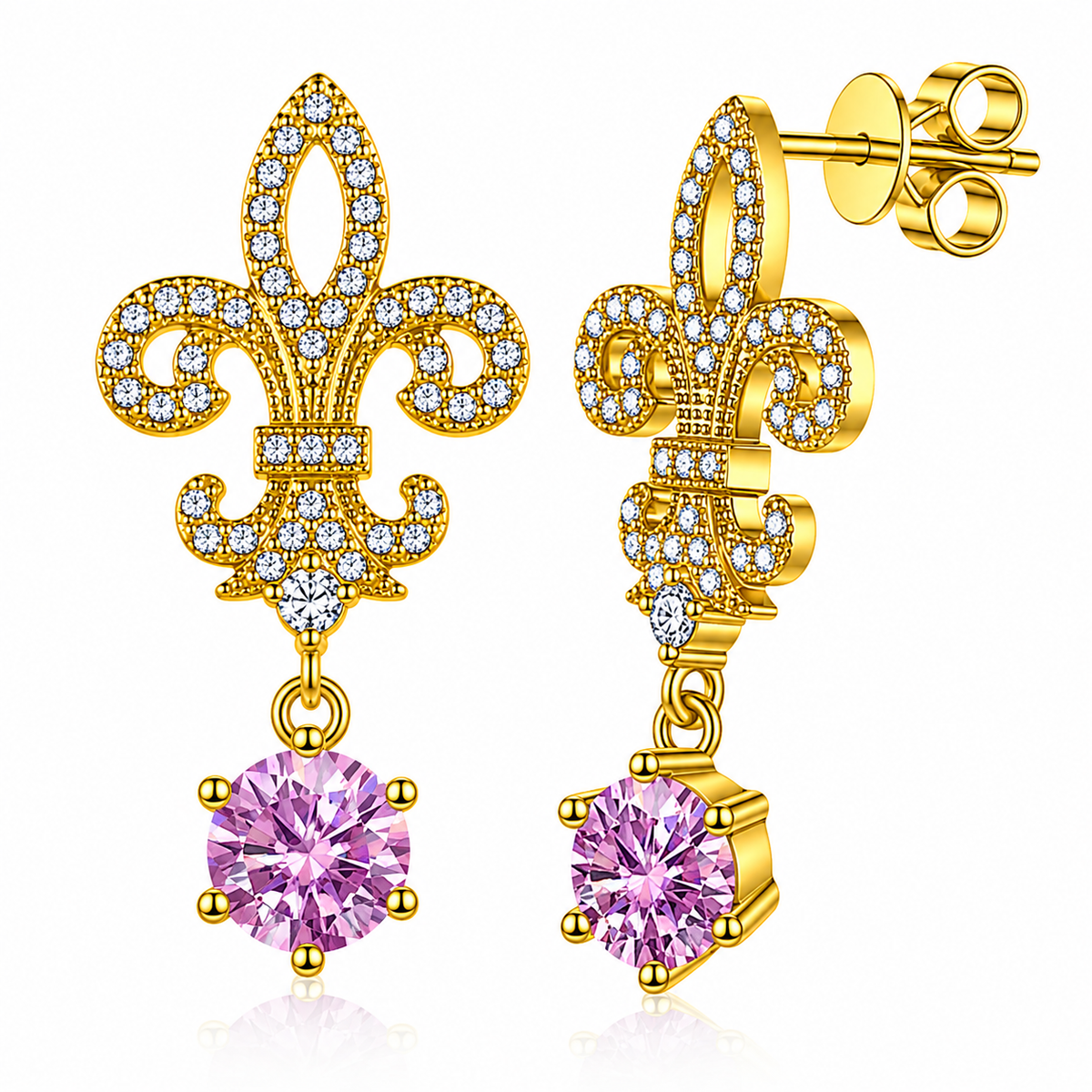 Gold fleur de lis drop earrings with pink round moissanites shown front and side on a white background