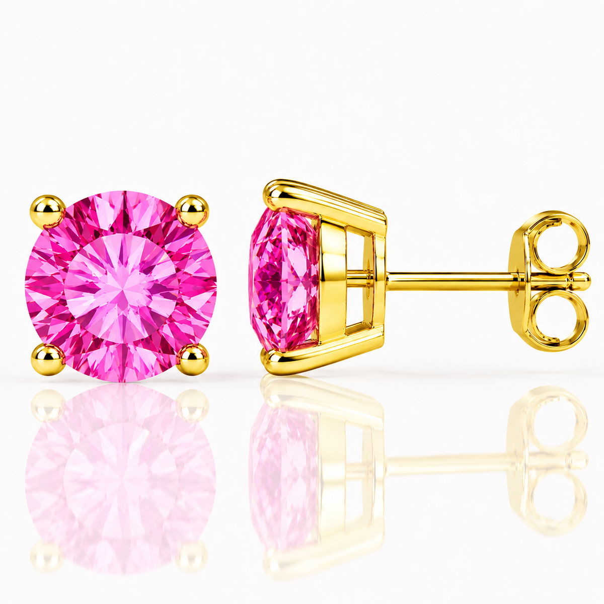 Gold four-prong hot pink moissanite stud earrings shown front and side on a white background