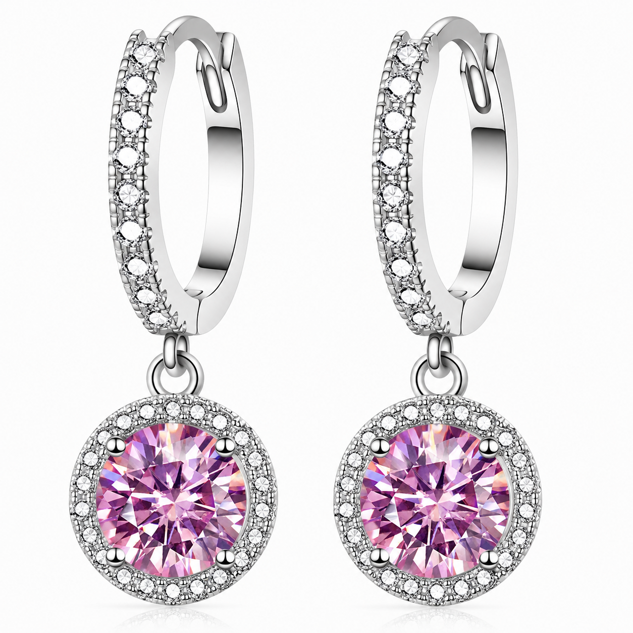 Halo Moissanite Hoop Drop Earrings – 1.0ct Round Brilliant Earrings