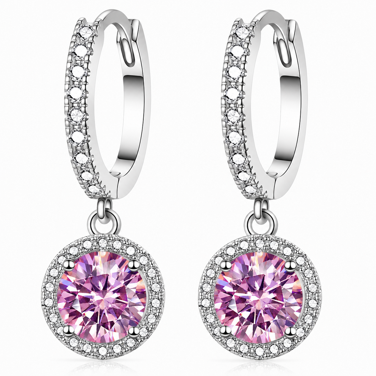 Silver halo hoop drop earrings with pink moissanites shown on a white background