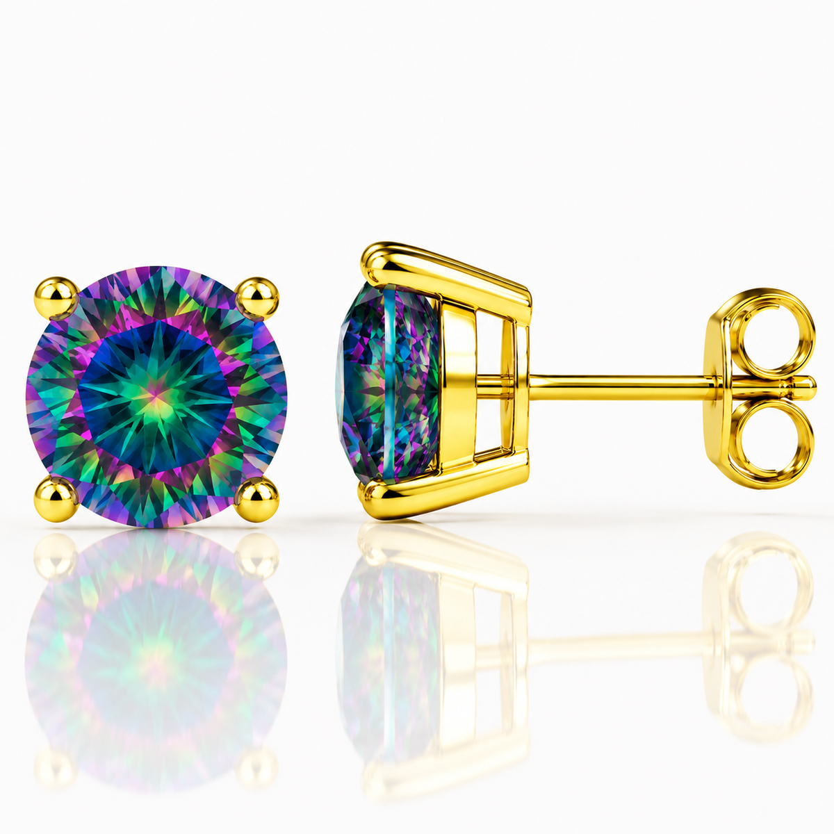 Gold four-prong rainbow moissanite stud earrings shown front and side on a white background