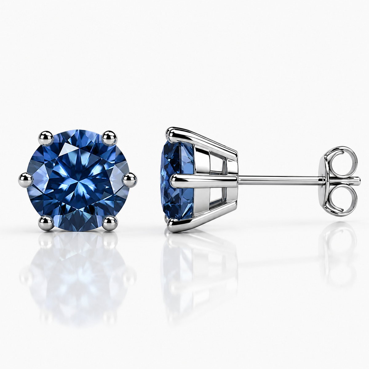 White gold six-prong vivid yellow moissanite stud earrings shown front and side on a white background